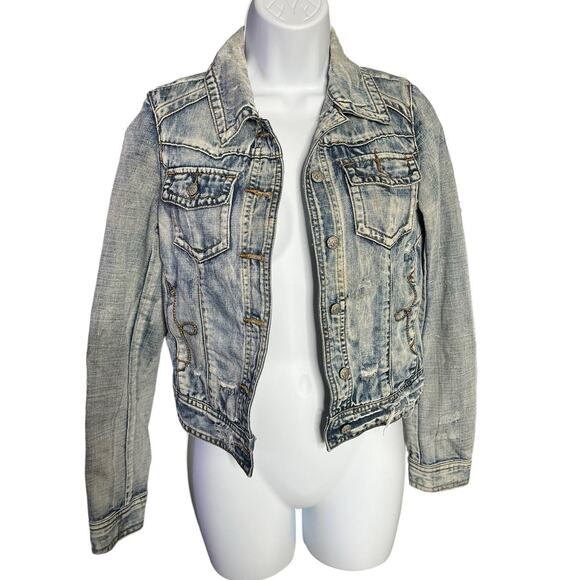 ...Lost light wash distressed denim jean jacket button up small - Picture 2 of 8